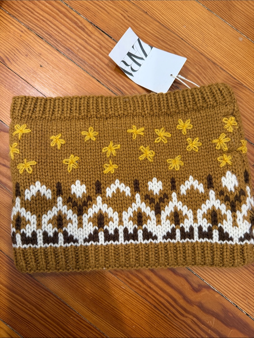 Zara Kids Mustard Knit Neck Warmer with Floral Embroidery